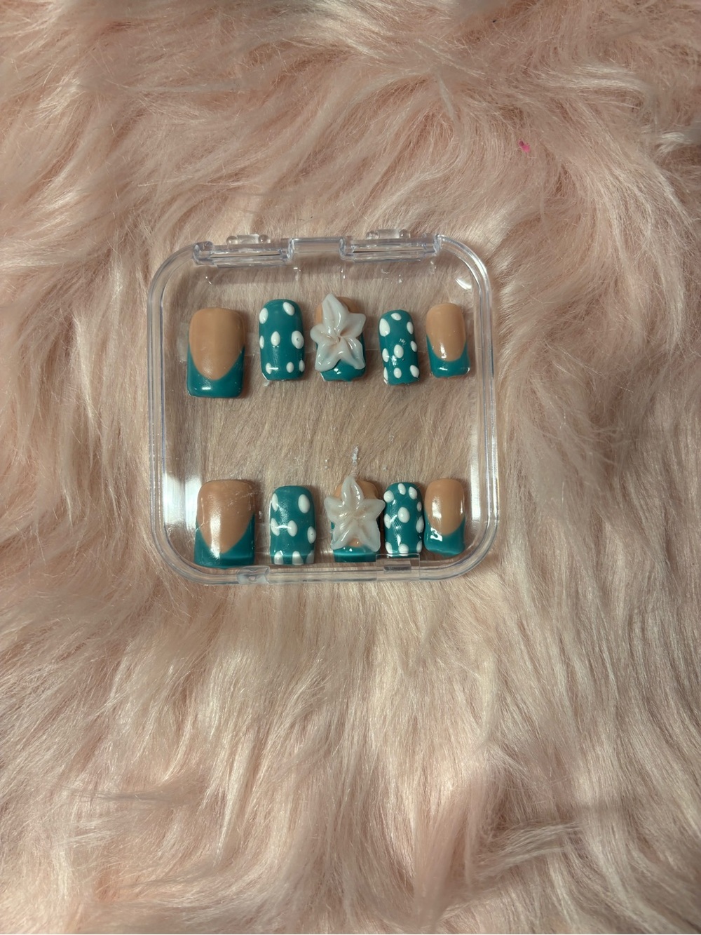 Turquoise and Nude Press-On Nails with White Accents - Custom & Hand Painted